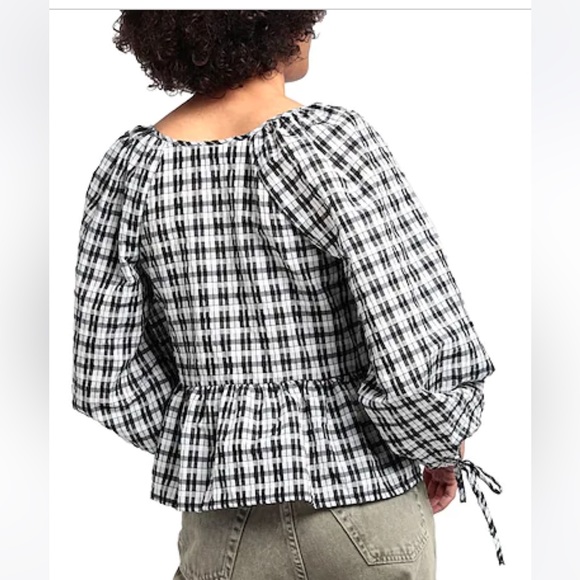 TOPSOP Blouses shirt wrap black white tie v-neck long sleeves plaid boho 10 NWT - Picture 2 of 4